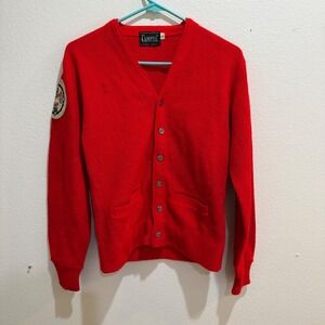 Vintage Campus Red Cardigan Sweater Explorers Club Patch Small USA Made Orlon